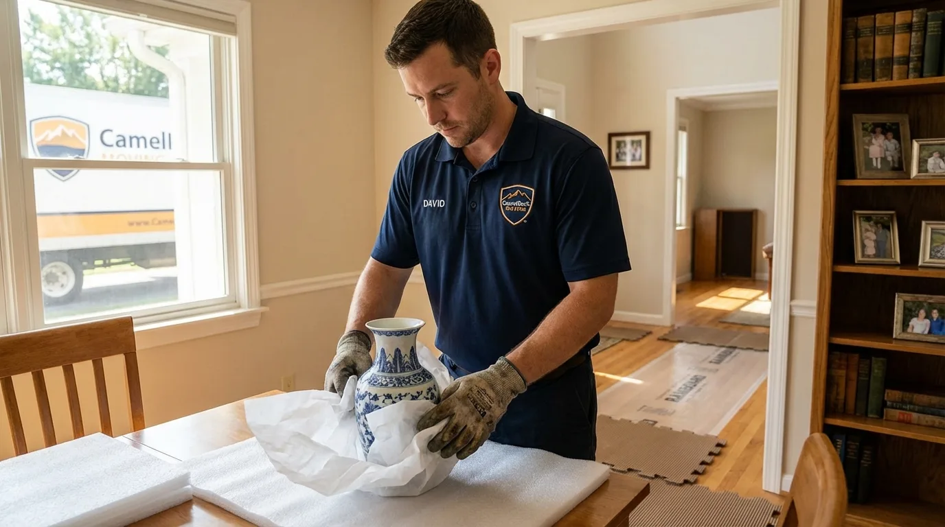 Professional crew carefully wrapping antique vase for senior downsizing move in Kittitas, WA
